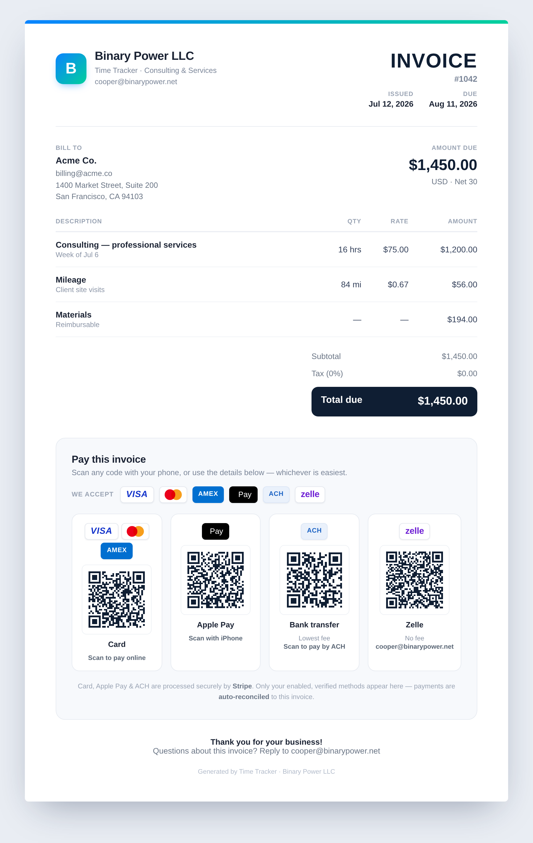 Invoice with one-tap payment options