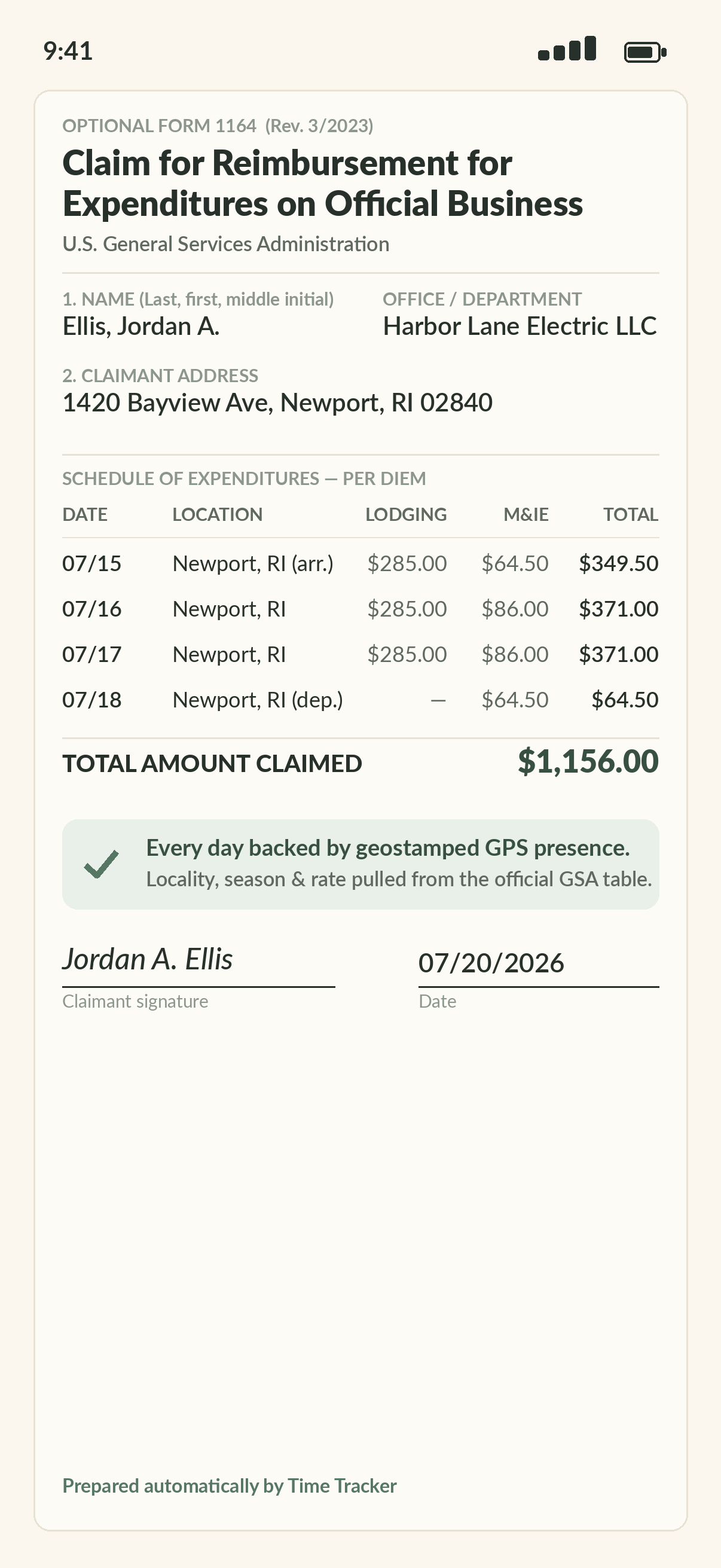 A filled GSA Optional Form 1164 per-diem declaration