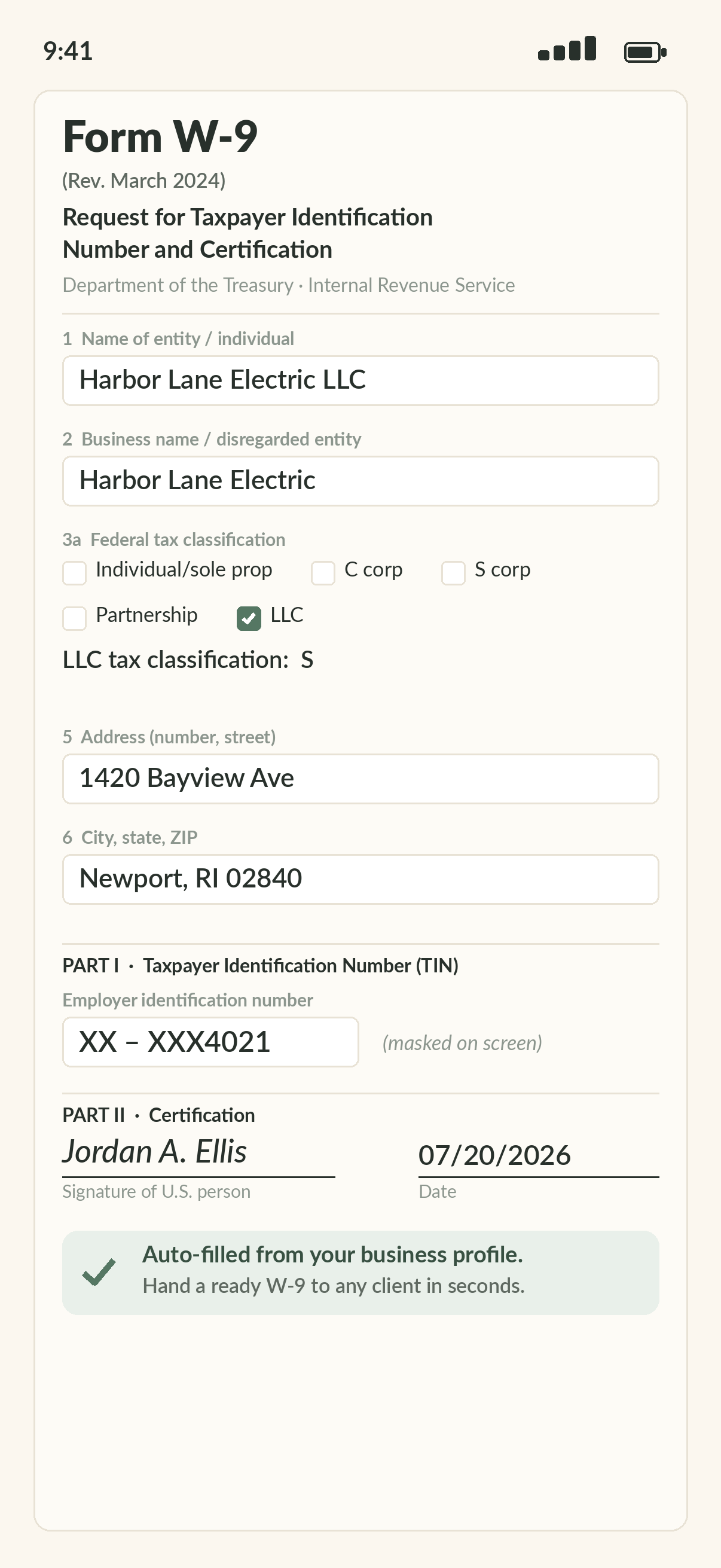 An auto-filled IRS Form W-9